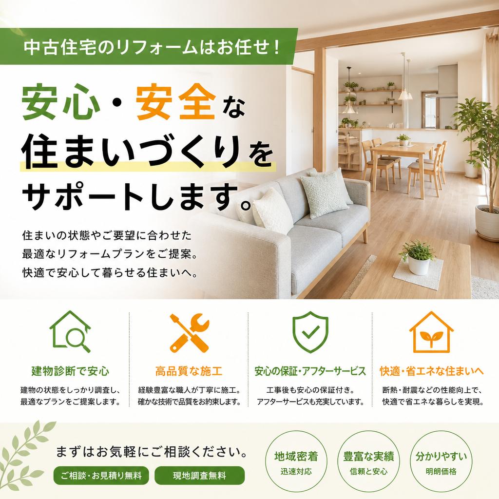 中古住宅のリフォームはお任せ！安心・安全な住まいづくりをサポートします。